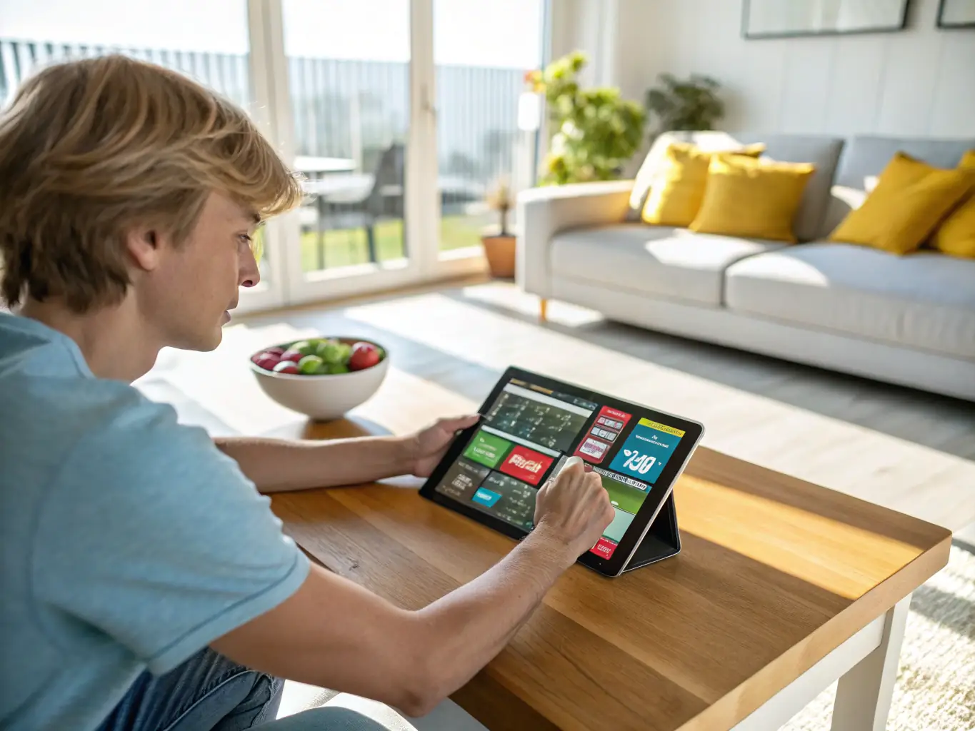 A visually appealing image of a Brazilian player immersed in a vibrant and engaging casino game on a tablet, with colorful graphics and smooth animations, highlighting the excitement and immersive experience of Bet's casino games.